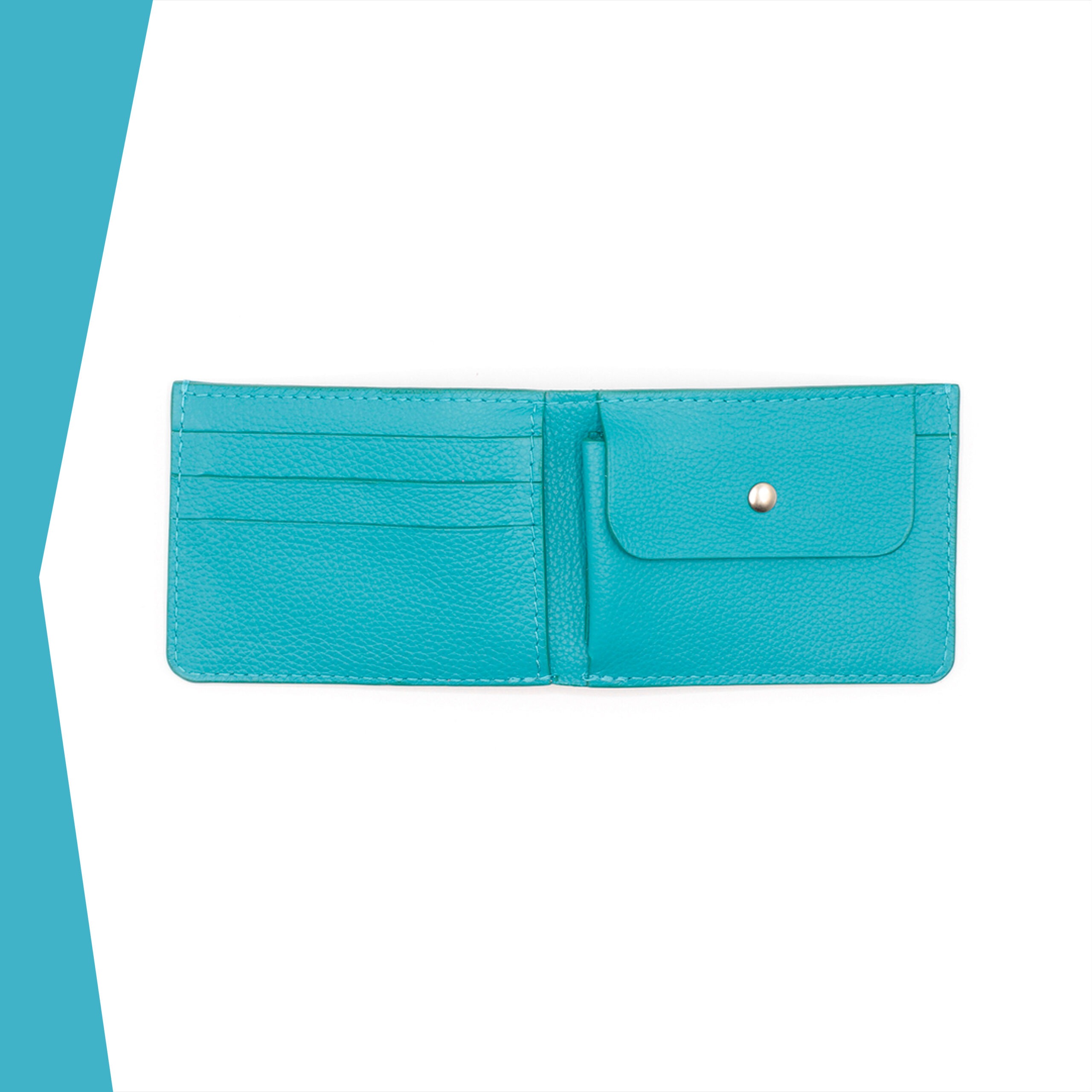 Portefeuille Calypso Lou s'enjaille en cuir turquoise, le cuir est grainé, vue de face ouvert