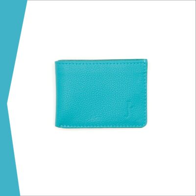 Portefeuille Calypso Lou s'enjaille en cuir turquoise, le cuir est grainé, vue de face fermé