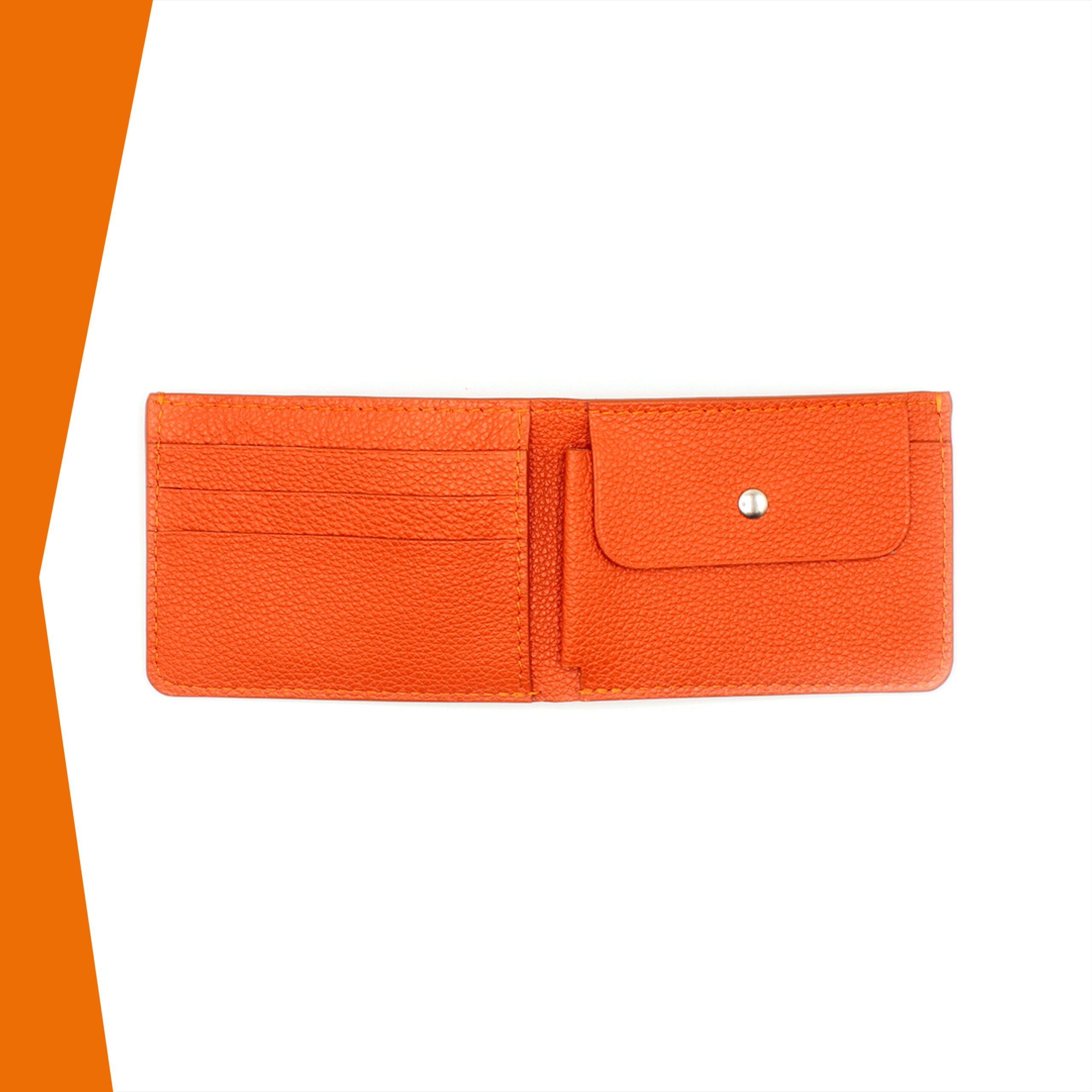 Portefeuille Calypso Lou s'enjaille en cuir orange, le cuir est grainé, vue de face ouvert