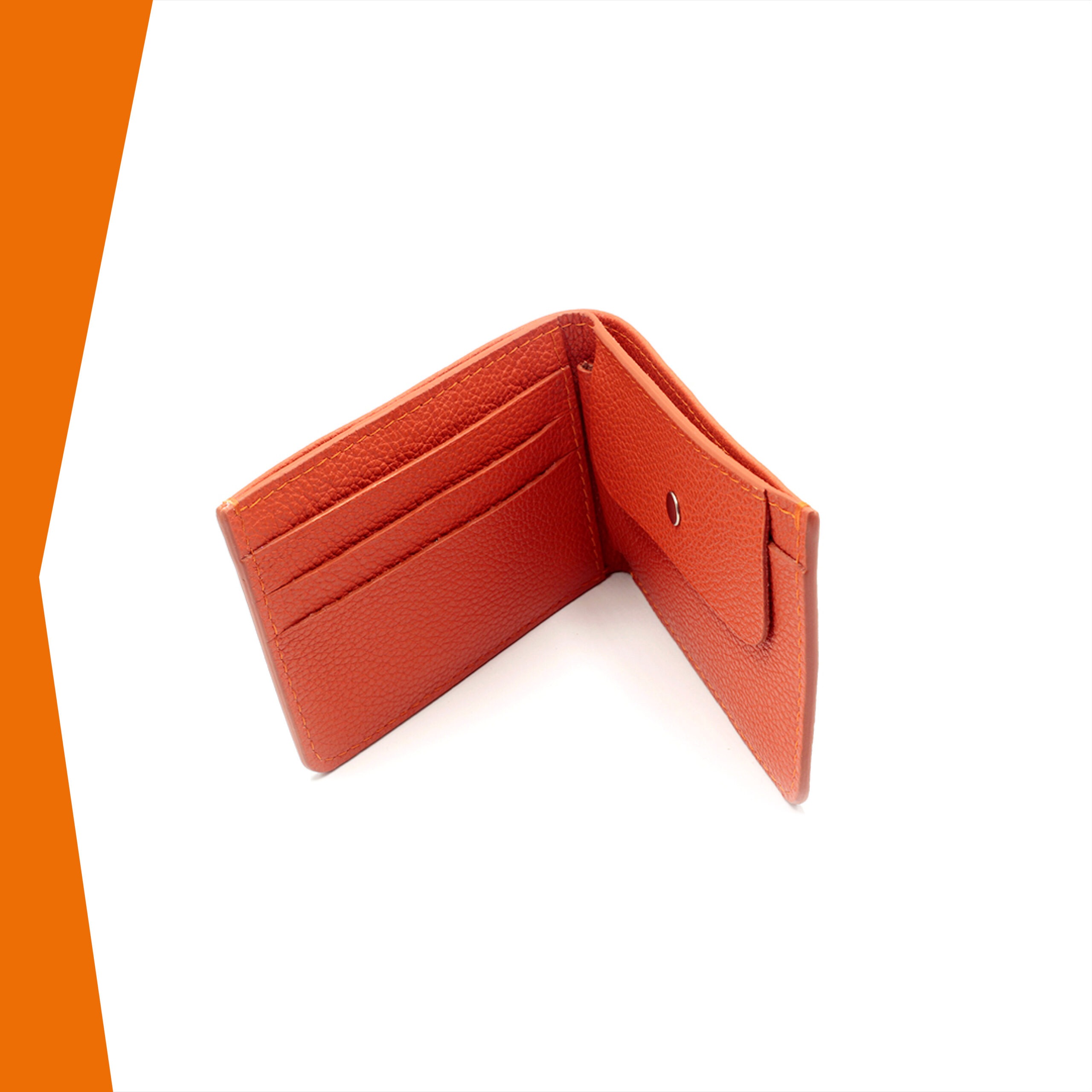 Portefeuille Calypso Lou s'enjaille en cuir orange, le cuir est grainé, vue de haut ouvert