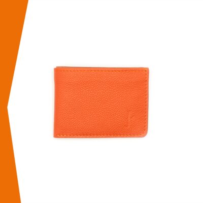 Portefeuille Calypso Lou s'enjaille en cuir orange, le cuir est grainé, vue de face fermé
