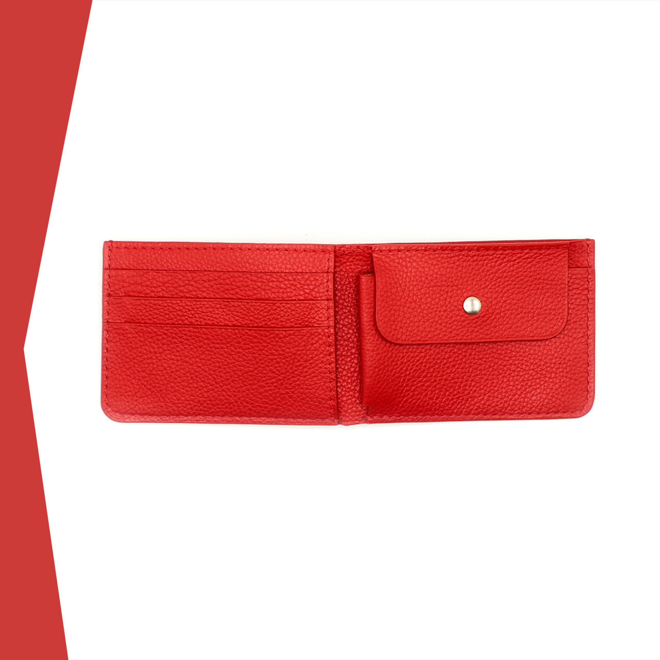 Portefeuille Calypso Lou s'enjaille en cuir rouge, vue ouvert , le cuir est grainé, le porte monnaie et l'emplacement de la poche et des cartes