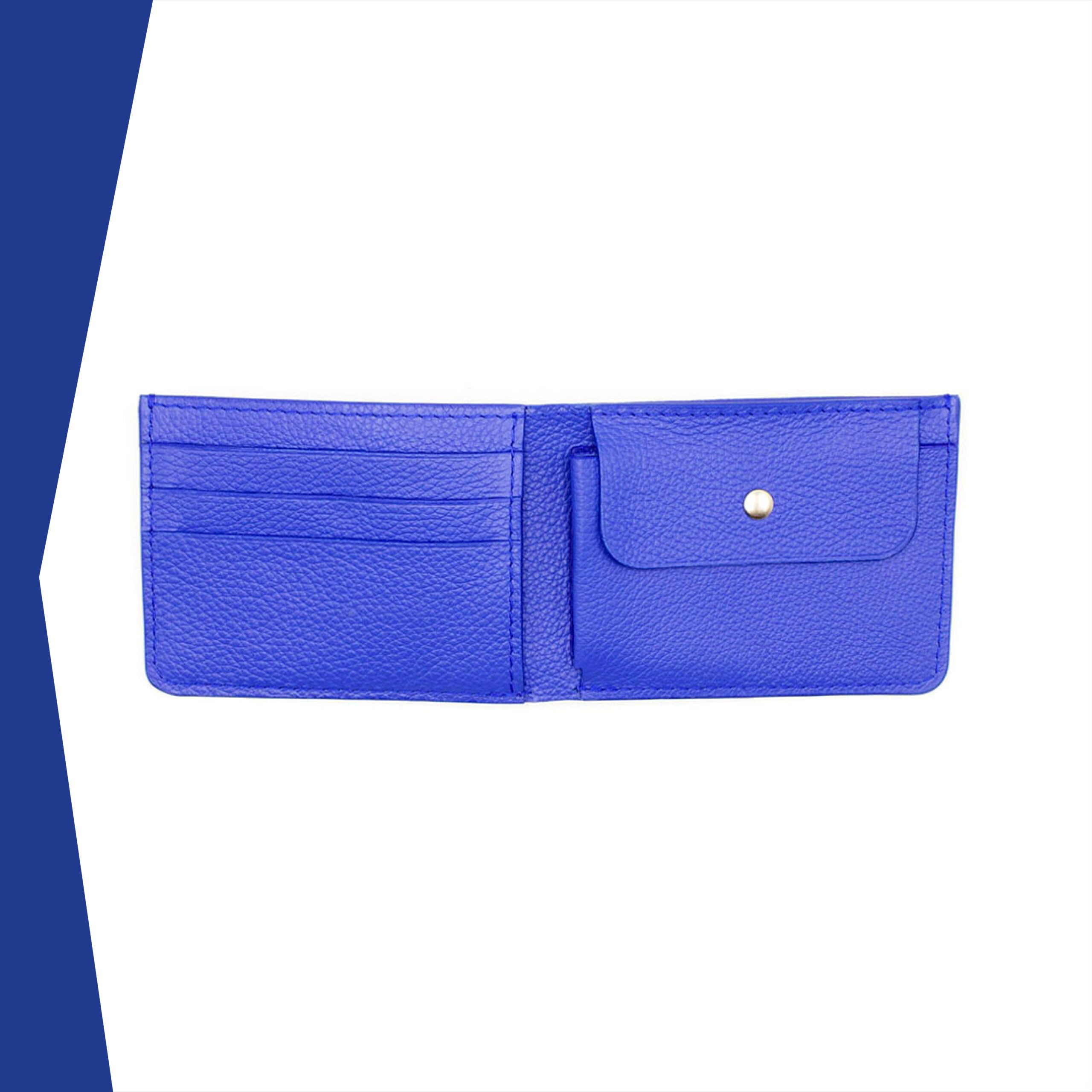 porte monnaie en cuir bleu électrique vue de l'intérieur ouvert, on voit son porte-monnaie, 1 grande poche et 3 emplacements pour les cartes