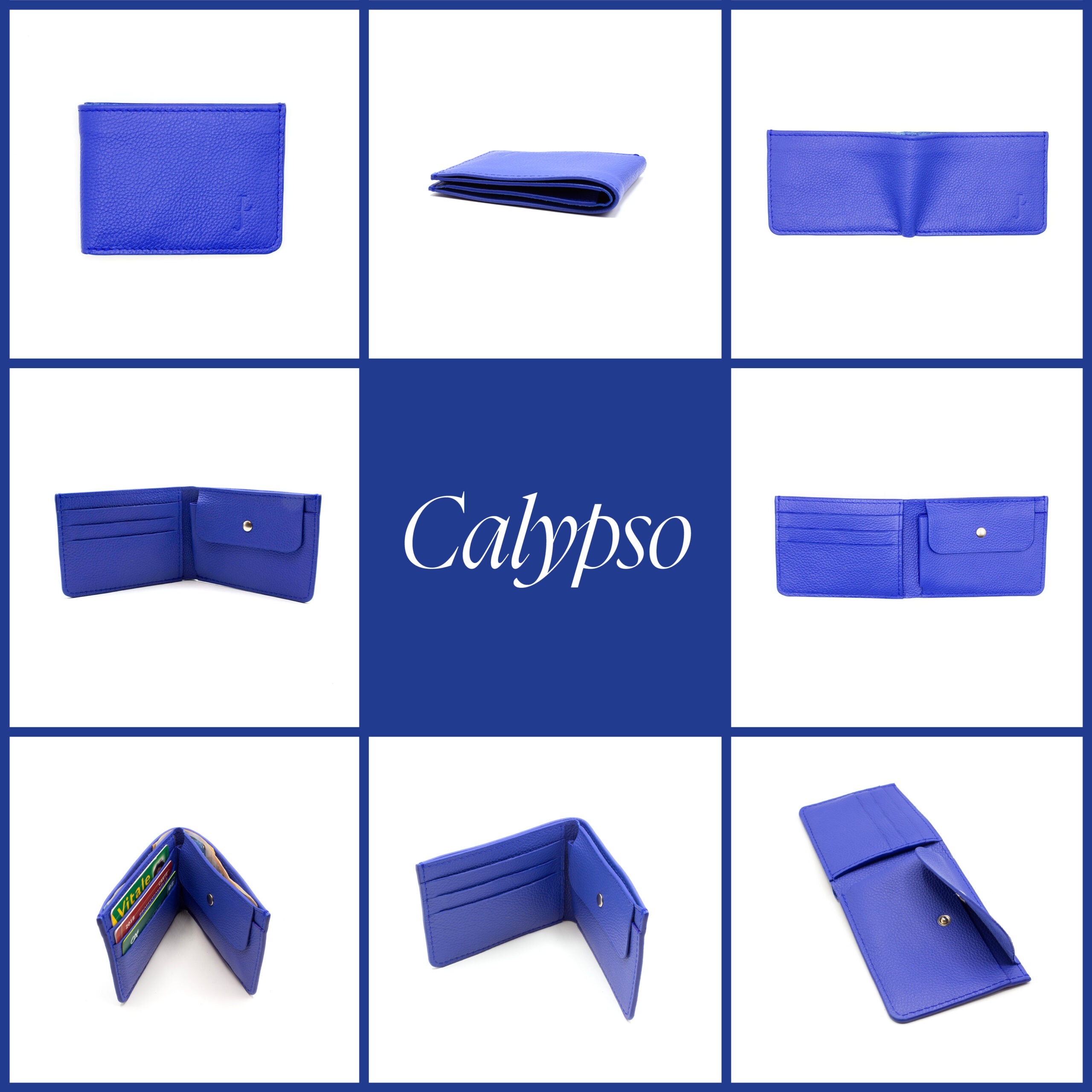 8 photos du portefeuille Calypso dans différentes positions. Le cuir est souple et grainé, la couleur bleu électrique.