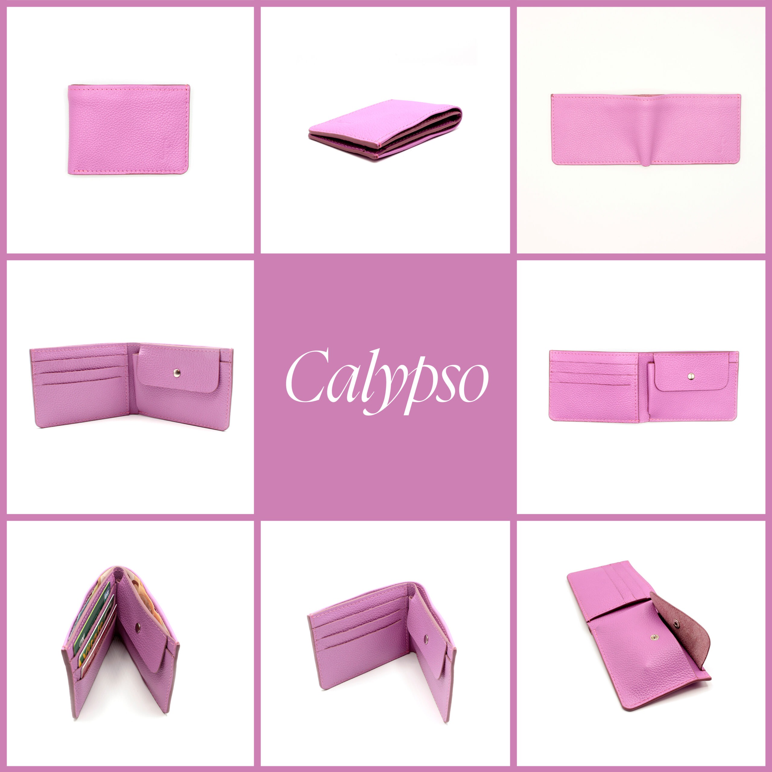 8 photos du portefeuille Calypso dans différentes positions. Le cuir est souple et grainé, la couleur mauve qui tire vers un vieux rose.