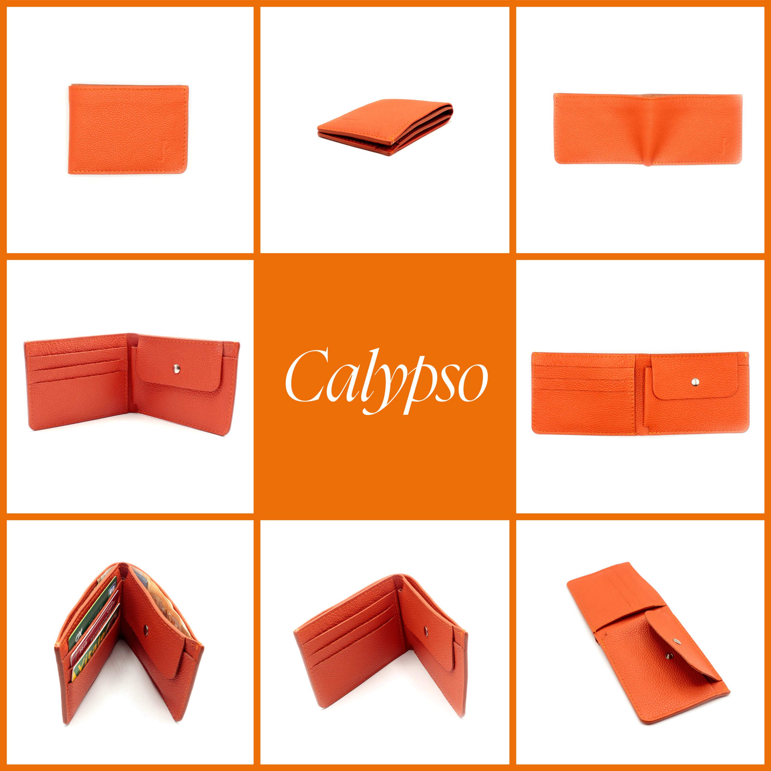 8 photos du portefeuille Calypso dans différentes positions. Le cuir est souple et grainé, la couleur orange.