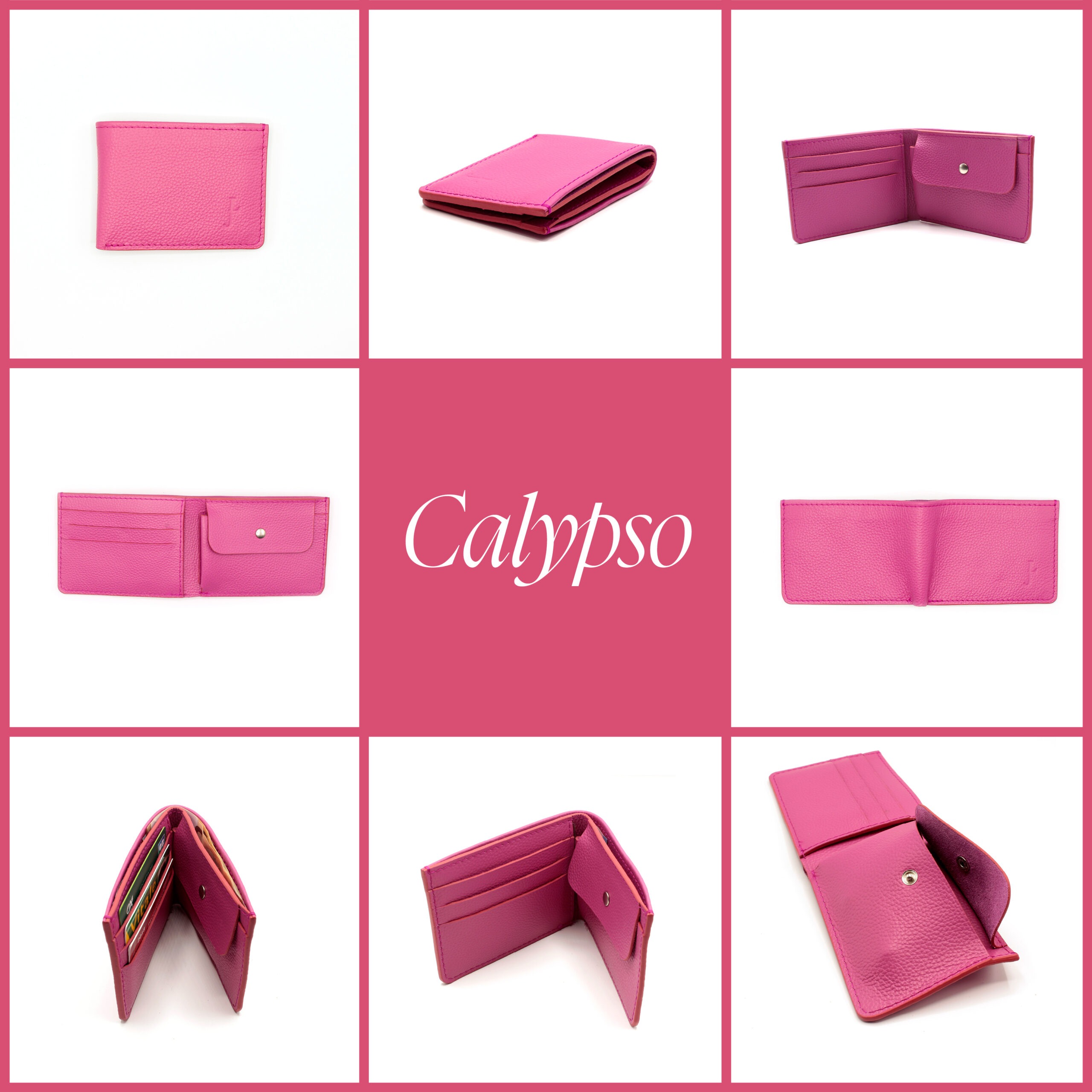 8 photos du portefeuille Calypso dans différentes positions. Le cuir est souple et grainé, la couleur rose fuchsia.