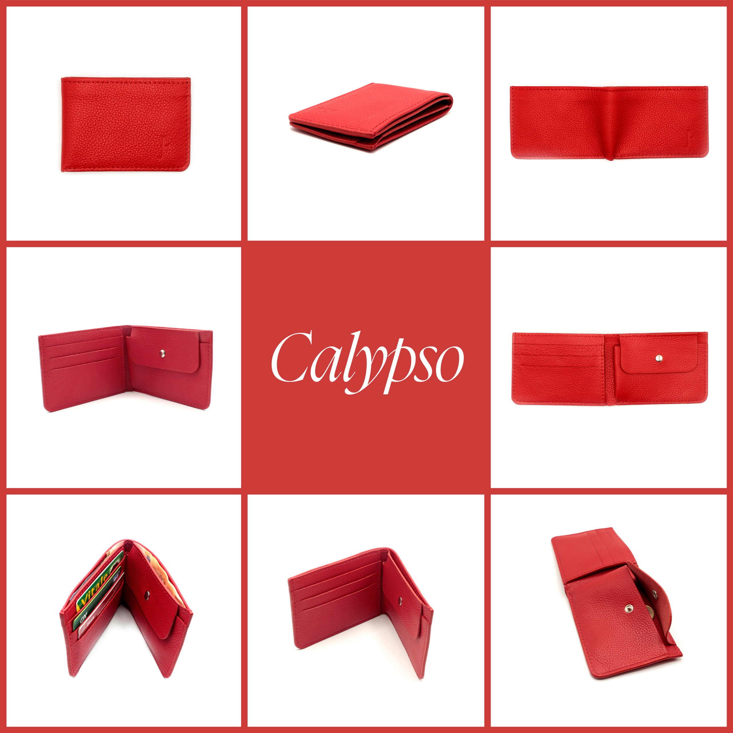 8 photos du portefeuille Calypso dans différentes positions. Le cuir est souple et grainé, la couleur rouge.