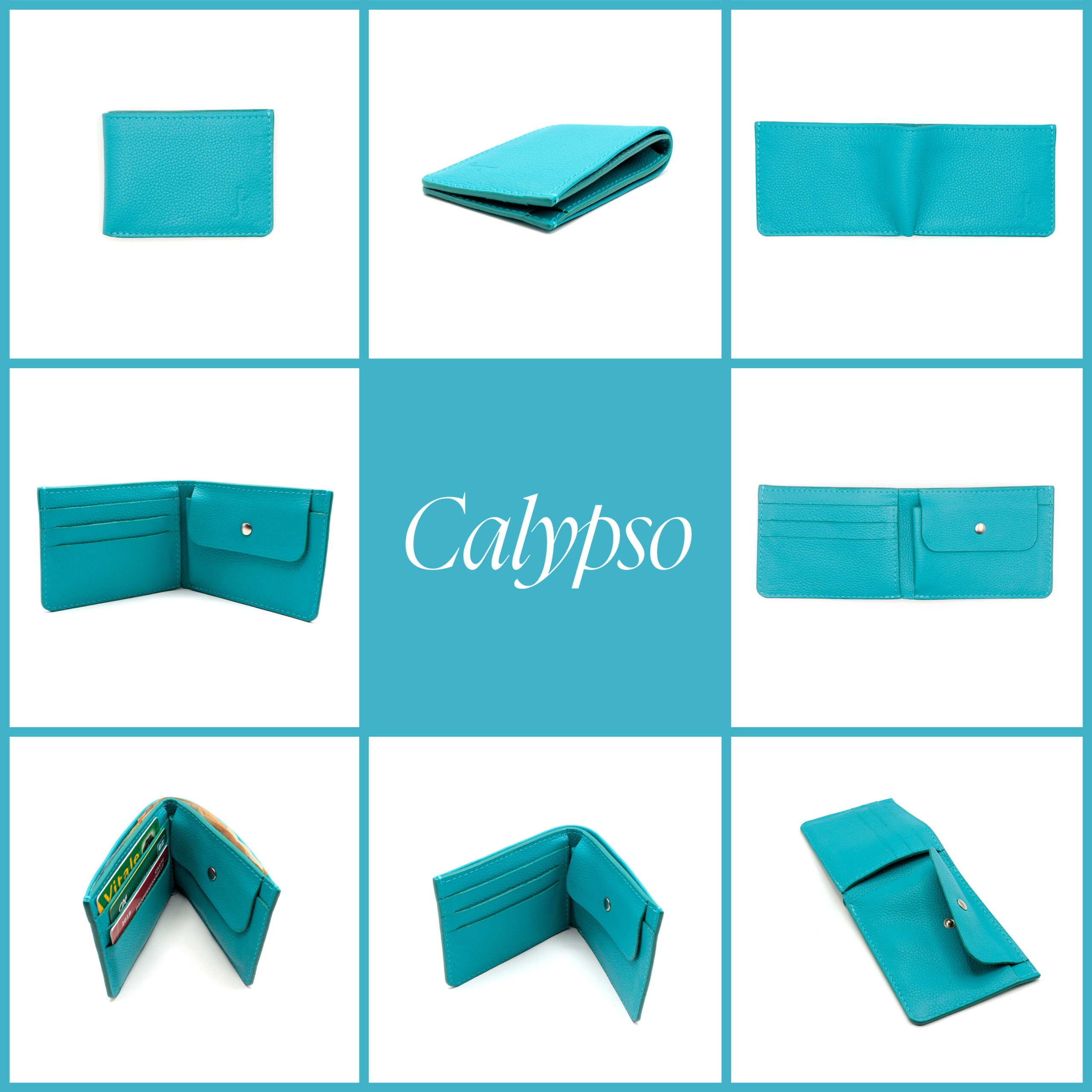 8 photos du portefeuille Calypso dans différentes positions. Le cuir est souple et grainé, la couleur bleu clair turquoise.